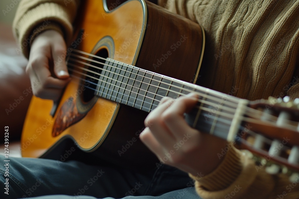 Fototapeta premium Young caucasian male playing acoustic guitar at home in cozy sweater