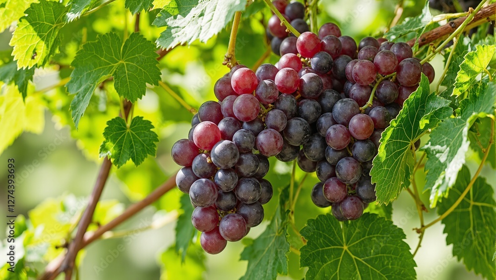 Vibrant purple grapes on vine with glossy green leaves under sunlight Vibrant purple grapes on vine with glossy green leaves under sunlight
