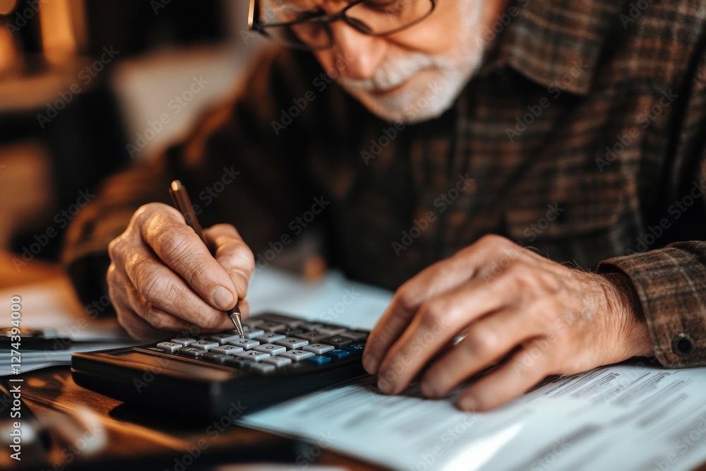 Elderly caucasian male calculating finances with calculator and documents Elderly caucasian male calculating finances with calculator and documents