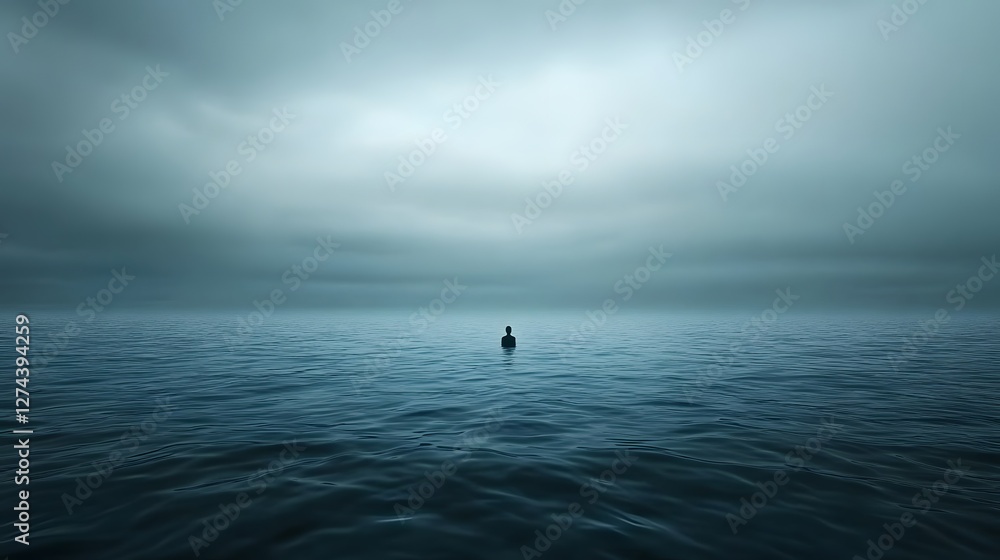 Lone Figure Sinking Into Vast, Empty Ocean Representing Hopelessness and Deep Sorrow in Ultra-HD Lone Figure Sinking Into Vast, Empty Ocean Representing Hopelessness and Deep Sorrow in Ultra-HD