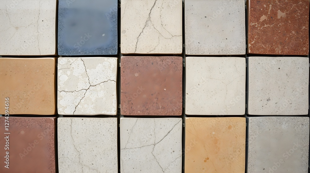 Naklejka premium Overhead shot of a mosaic grid displaying diverse stone and ceramic tiles