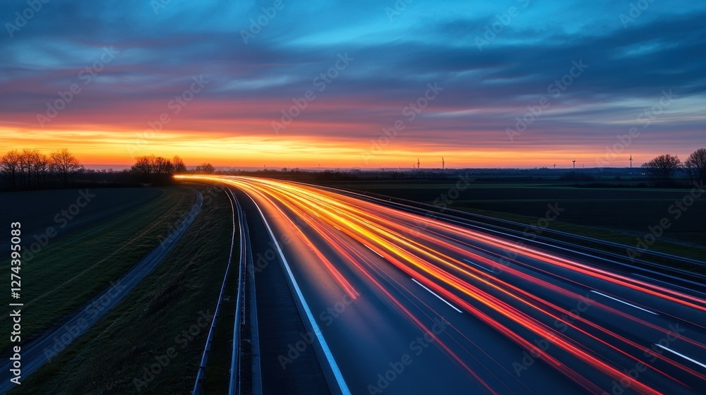 Naklejka premium Dynamic highway at sunset with long exposure light trails and colorful sky offering a sense of speed and movement for transportation and travel