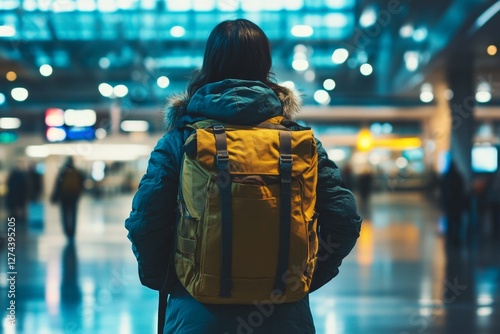 Young asian female traveler at airport terminal with yellow backpack photo