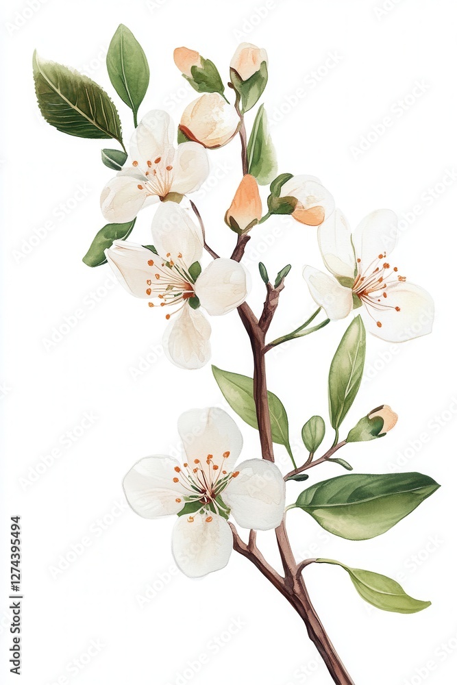 Obraz premium White Flowering Branch with Leaves, Botanical Illustration of Pear Blossoms, Floral Art for Home Decor and Nature Enthusiasts