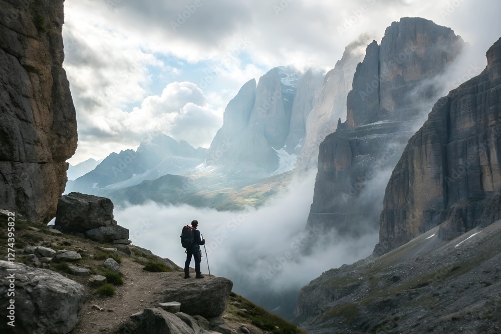 Mystical Mountain Gorge: Lone Explorer Amidst Misty Cliffs and Ethereal Fog in an Ultra-High Landscape Mystical Mountain Gorge: Lone Explorer Amidst Misty Cliffs and Ethereal Fog in an Ultra-High Landscape