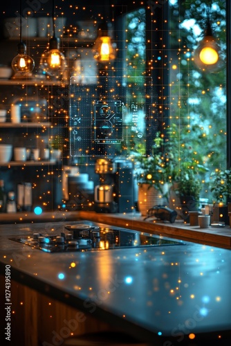 Cozy kitchen with glowing lights and greenery, showcasing a modern cooking space in a serene setting