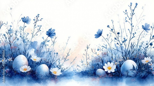 Serene spring landscape featuring blue flowers and decorative eggs, evoking a festive atmosphere