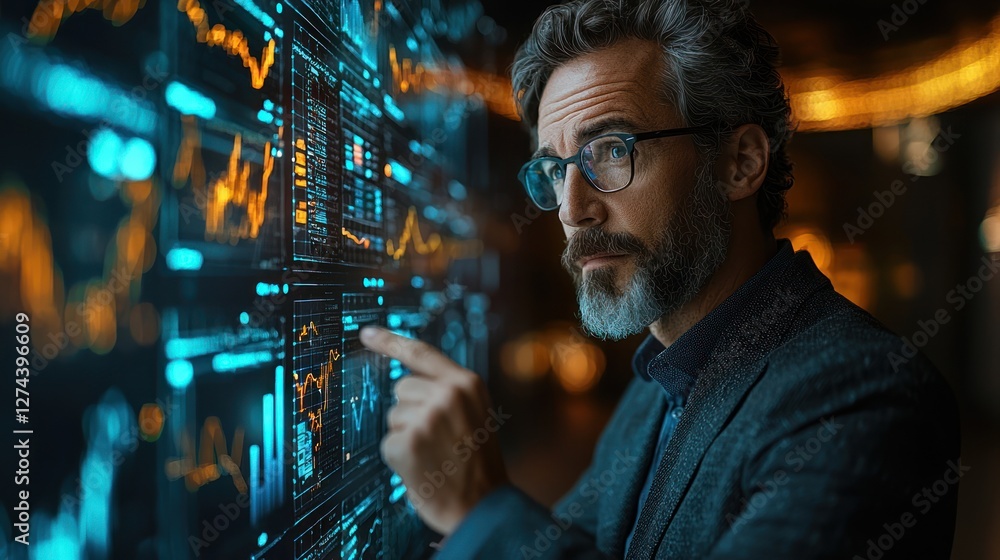 Business professional analyzing financial data on a digital screen in a modern office environment Business professional analyzing financial data on a digital screen in a modern office environment