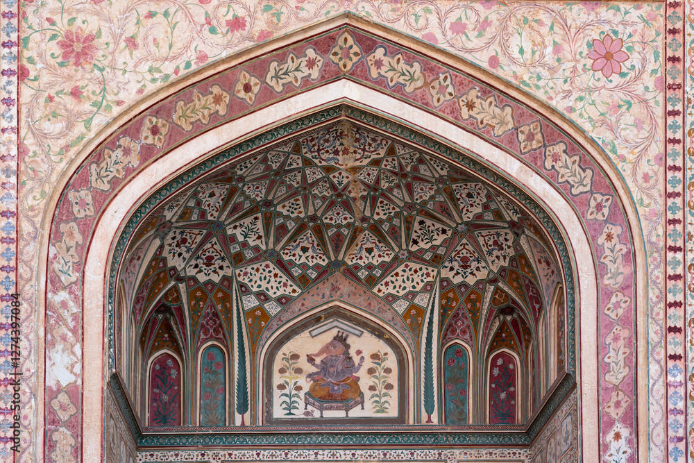 India. Rajasthan. Jaipur. Amber fort. Decoration detail of the Ganesh Gate India. Rajasthan. Jaipur. Amber fort. Decoration detail of the Ganesh Gate