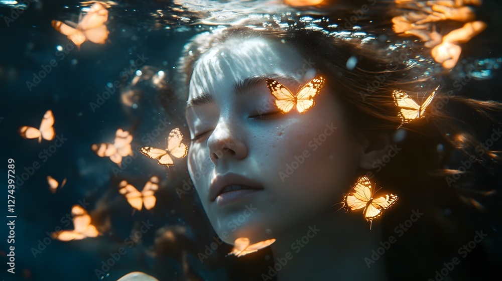 Obraz premium A Surreal Underwater Scene of Beauty and Sadness:A Woman Surrounded by Glowing Butterflies