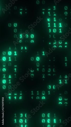Green matrix raining binary code ascii strings of 0 and 1 fall from top to bottom, cyberspace, cyber attack hacking, computer protection, safety, privacy, internet security. Alpha, 4K UHD, Vertical