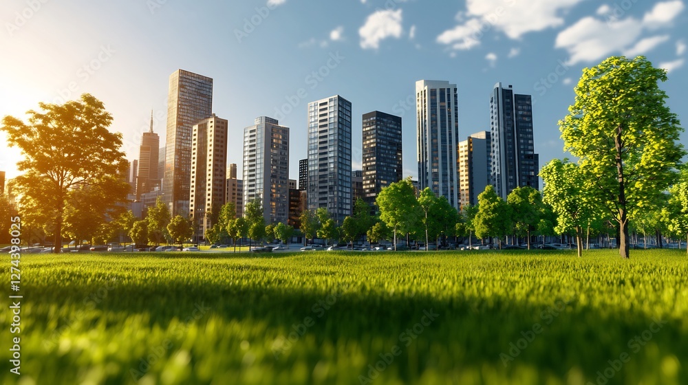 Obraz premium eco-friendly city skyline with greenery and business buildings
