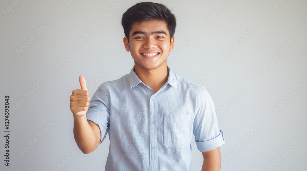 Young man smiling and giving thumbs up, expressing positivity, joy, and confidence in casual attire against a neutral background. Young man smiling and giving thumbs up, expressing positivity, joy, and confidence in casual attire against a neutral background.
