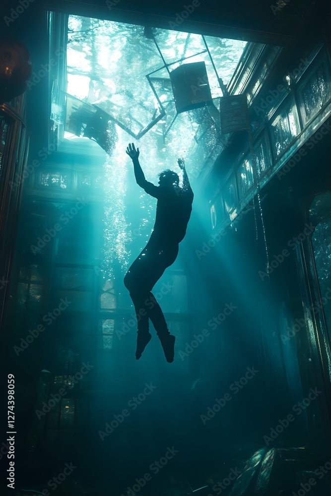 Obraz premium A Man Sinking in an Abandoned and Forgotten Underwater City, a Symbol of Isolation and Lost Dreams