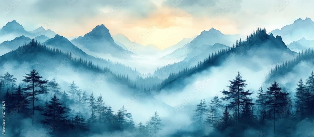 Obraz premium Misty mountain range at sunrise, serene landscape.