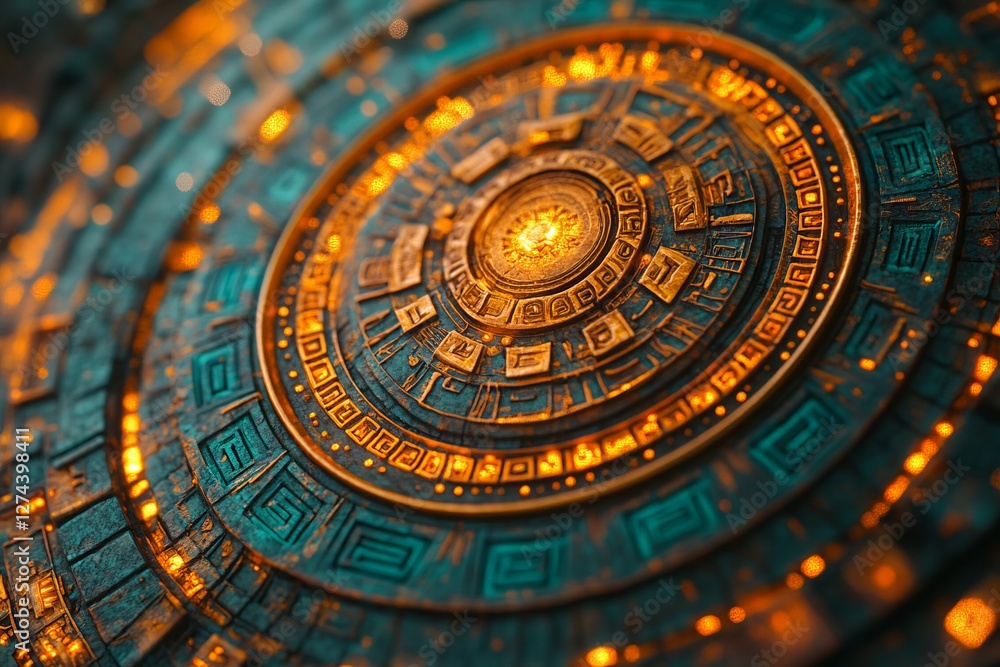 Naklejka premium Circular patterned disc with intricate carved design, glowing in shades of gold and teal.