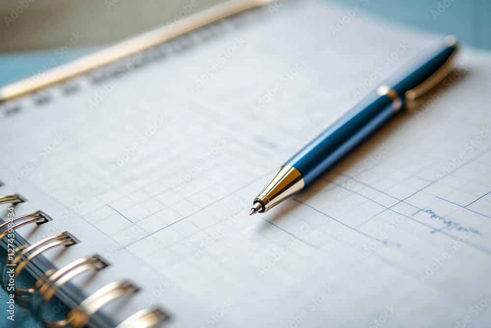 Blue pen on open notebook with grid-lined paper Blue pen on open notebook with grid-lined paper