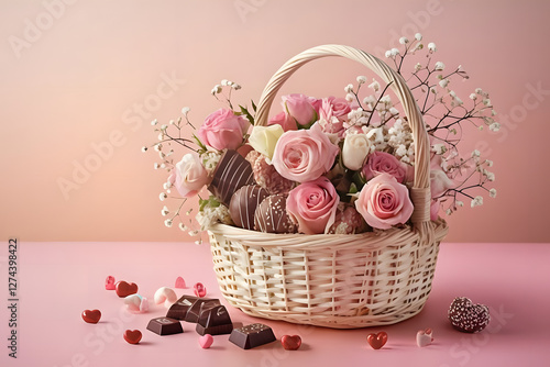 basket of pink roses, Wicker Basket Filled With Flowers And Chocolates