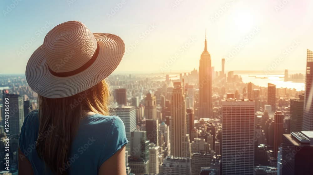 Fototapeta premium Young woman enjoying breathtaking NYC skyline view at sunset with Empire State Building in background, perfect for travel and adventure themes.