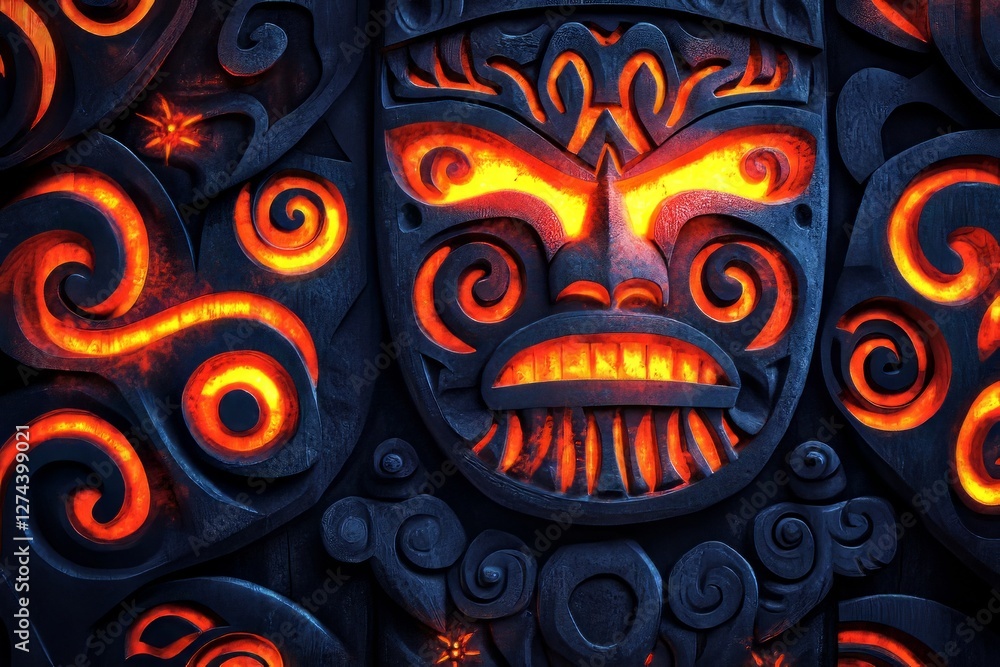 Carved wooden mask with fiery highlights. Carved wooden mask with fiery highlights.