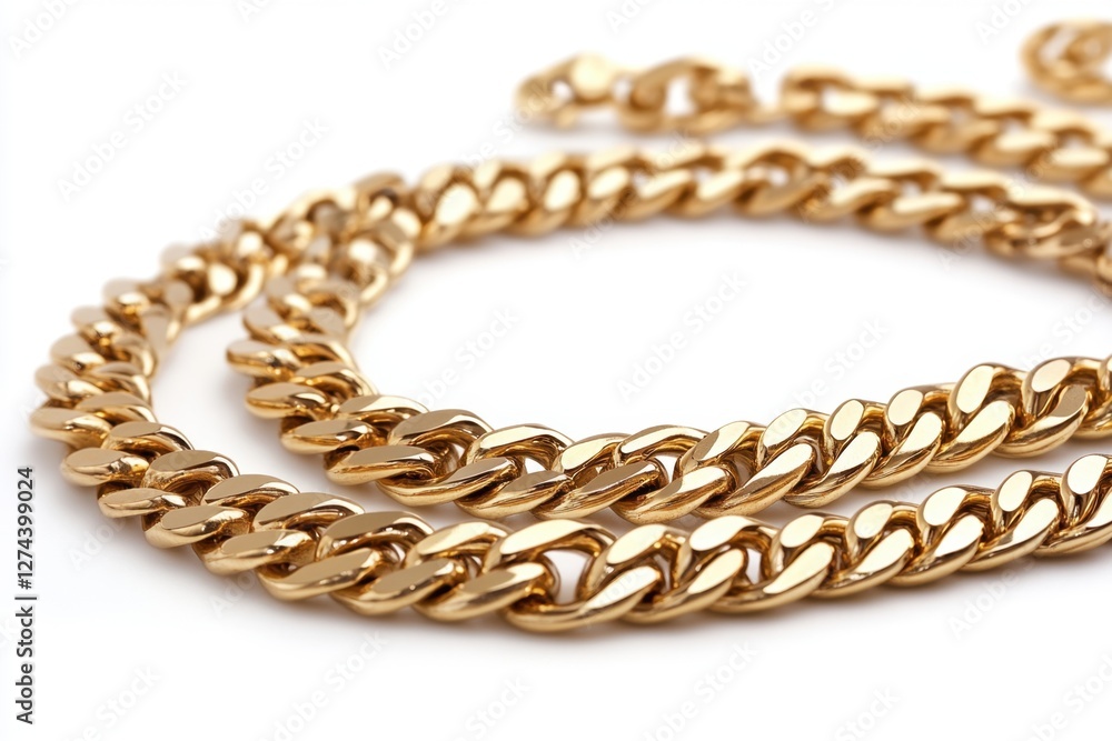 Obraz premium Gleaming Gold Chain Jewelry Close Up Shot on White Backdrop Capturing Luxury and Elegance in Fashionable Accessory with Shallow Depth of Field