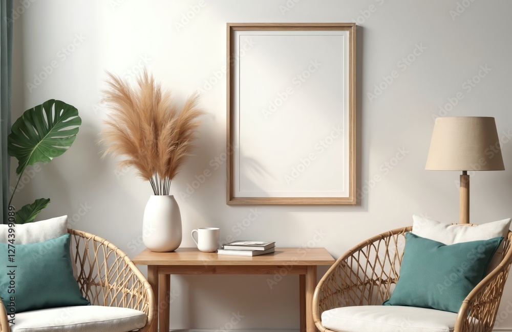 Obraz premium AI generated coastal home interior mockup with blank frame, wooden furniture, lamp, vase with dry grass. Stylish living room design template in boho scandinavian style.