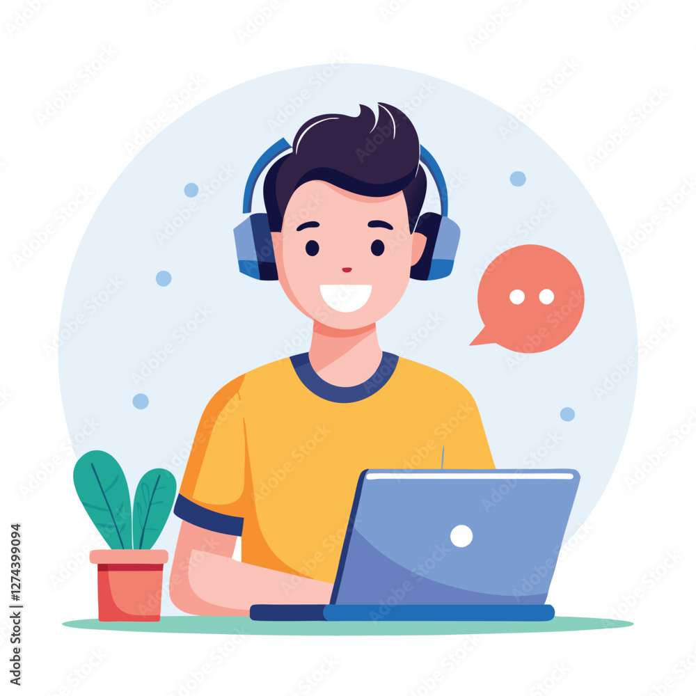 man in headphones, studying at laptop. Happy female student watching business webinar. Video conference call, remote work communication. Flat vector illustration isolated on white background man in headphones, studying at laptop. Happy female student watching business webinar. Video conference call, remote work communication. Flat vector illustration isolated on white background