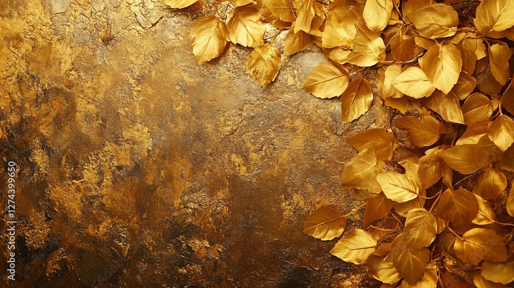 gold leaves arrangement on a textured brown backdrop, creating a rich and opulent autumnal feel. The golden leaves appear to be gently scattered across the surface gold leaves arrangement on a textured brown backdrop, creating a rich and opulent autumnal feel. The golden leaves appear to be gently scattered across the surface
