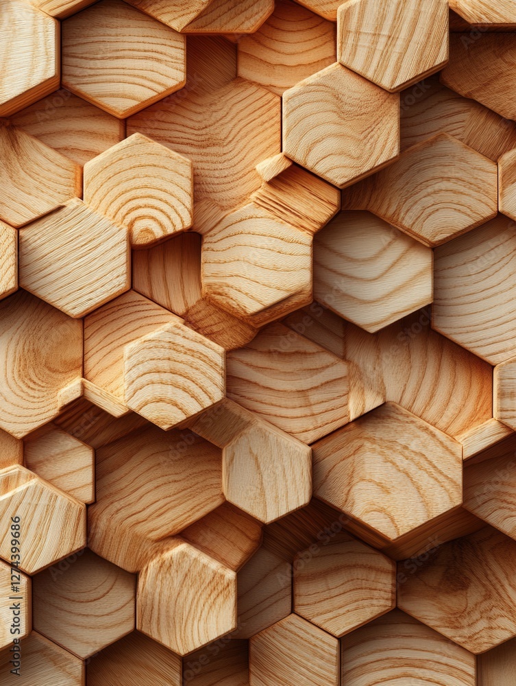 Obraz premium Captivating wooden hexagon mosaic background showcasing intricate grain patterns and warm tones in a geometric arrangement ideal for modern design