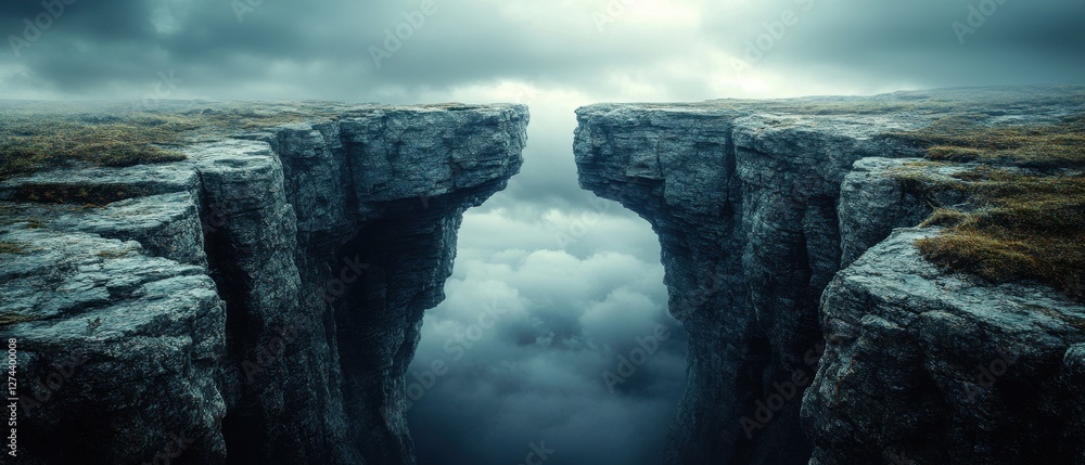 Fototapeta premium Dramatic mountain gorge with fog filled valley below offering a sense of adventure and mystery in a remote landscape