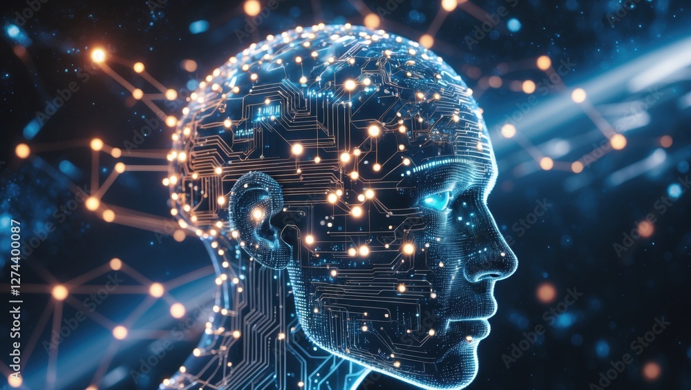 3D rendering of an artificial intelligence head with glowing circuitry and networks representing advanced technology in digital intelligence 3D rendering of an artificial intelligence head with glowing circuitry and networks representing advanced technology in digital intelligence