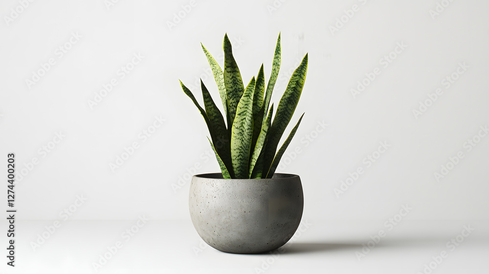 A potted snake plant with a dark gray pot and green leaves on a white background
A potted snake plant with a dark gray pot and green leaves on a white background