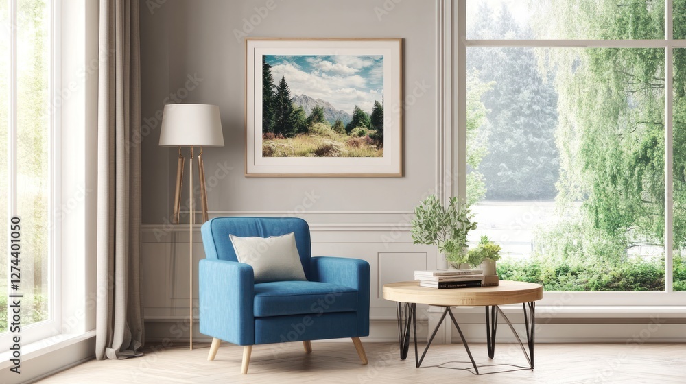 Fototapeta premium Modern living room with framed landscape. Interior design