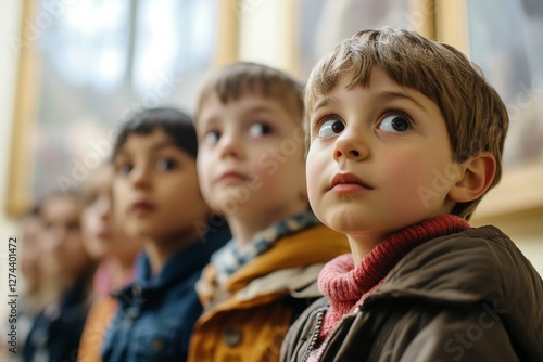 Curious children observing art in museum setting