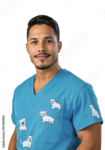 Male veterinarian wearing blue scrubs with dog prints on transparent background