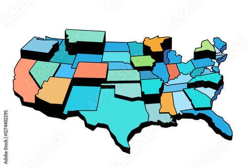 The vector illustration shows a 3D map of the United States with each state a different shades and tones.
