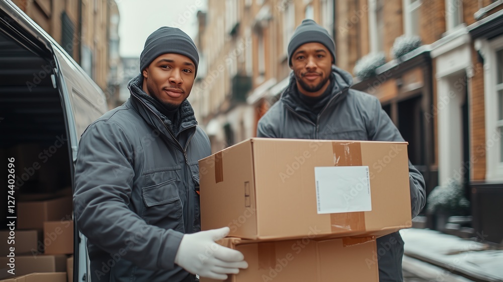 Two delivery men carrying boxes from a van, dressed for cold weather, illustrating modern urban logistics and delivery services. Two delivery men carrying boxes from a van, dressed for cold weather, illustrating modern urban logistics and delivery services.