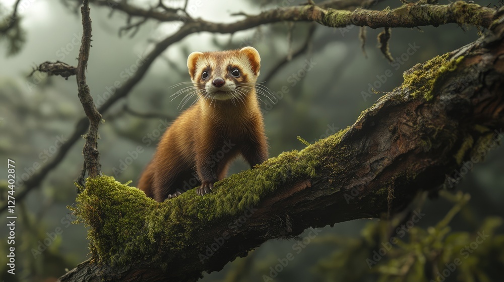 Fototapeta premium American Ferret (Mustela Nigripes) Exploring Green Moss and Tree Branches in a Natural Habitat