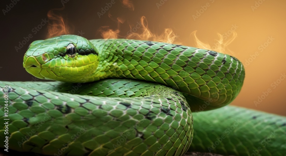 Obraz premium Close-up of a vibrant green snake coiled elegantly against a warm background