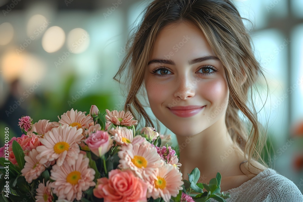 Young woman holding a bouquet of flowers for international women's day Young woman holding a bouquet of flowers for international women's day