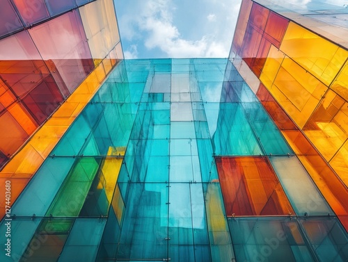 Colorful glass facade of modern architecture building with blue sky and clouds reflecting light and shadow