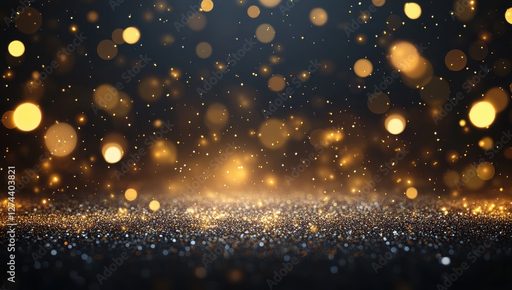 Obraz premium Shimmering Golden Bokeh Lights and Glittering Particles Floating in a Dark Background Creating a Magical and Dreamy Atmosphere for Celebrations and Events