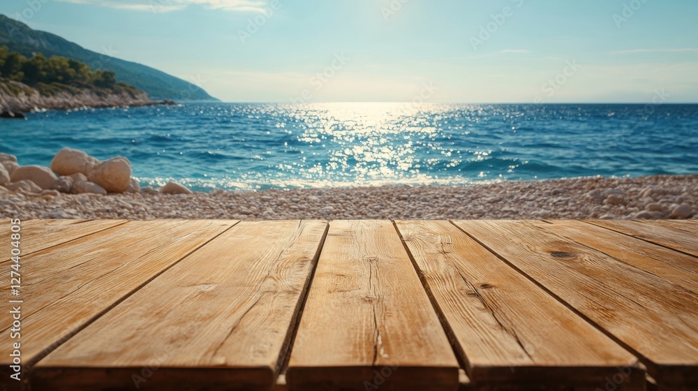 Serene seascape vista from rustic wooden deck capturing turquoise sea sparkling sunlight and rocky beach with mountain backdrop Serene seascape vista from rustic wooden deck capturing turquoise sea sparkling sunlight and rocky beach with mountain backdrop