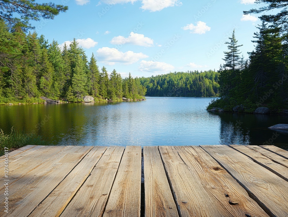 Serene lake view from wooden deck surrounded by lush green forest under a bright blue sky creating a tranquil and peaceful atmosphere on a sunny day Serene lake view from wooden deck surrounded by lush green forest under a bright blue sky creating a tranquil and peaceful atmosphere on a sunny day
