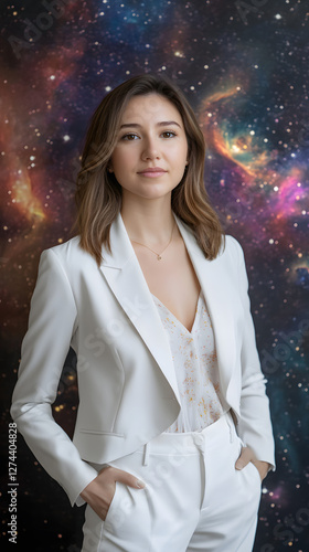 A professional photograph of an attractive woman in her late thirties wearing business attire
