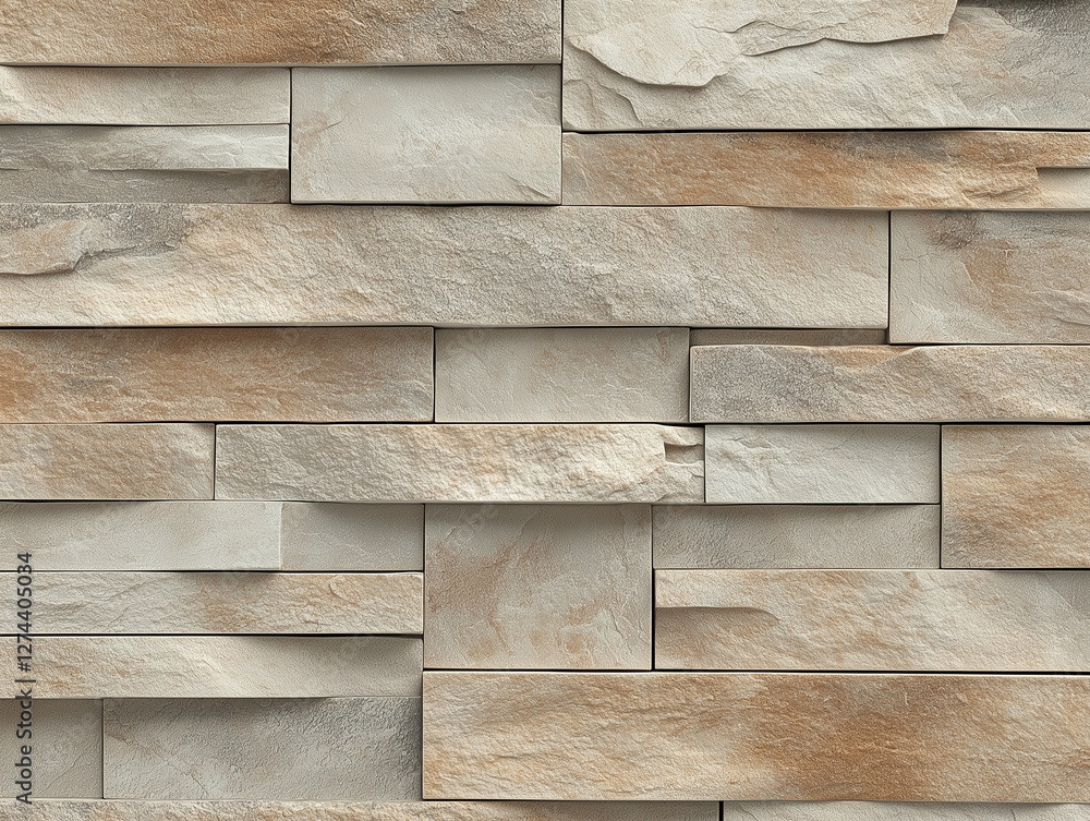 Detailed close-up of a textured stone wall with neatly arranged rectangular stone blocks in varying shades of beige and light brown. The natural stone gives the surface a rustic yet refined look Detailed close-up of a textured stone wall with neatly arranged rectangular stone blocks in varying shades of beige and light brown. The natural stone gives the surface a rustic yet refined look