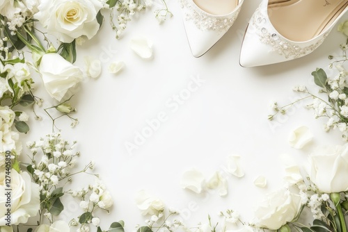 White wedding shoes and roses, flatlay
