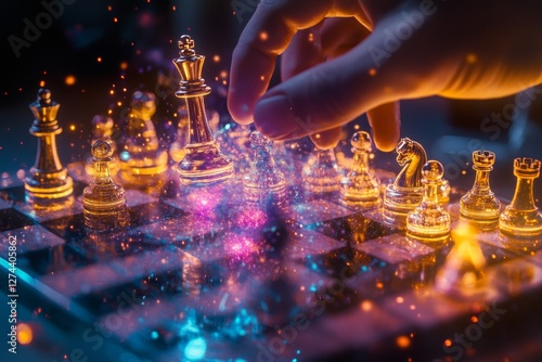 Futuristic chessboard with neon pieces  a glowing game from a bird s eye perspective photo