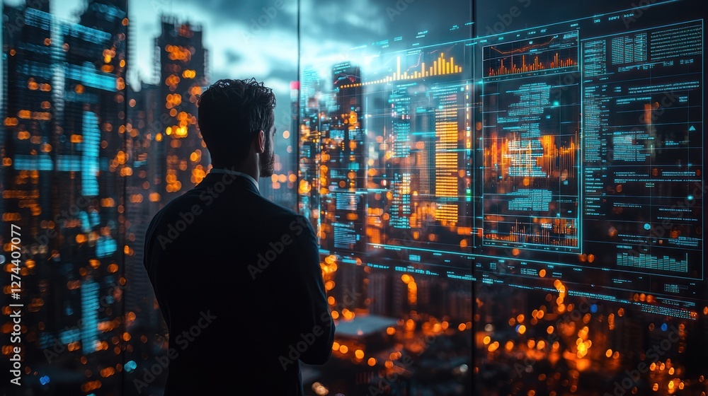 Business professional analyzing data on a futuristic screen with a city skyline at night Business professional analyzing data on a futuristic screen with a city skyline at night