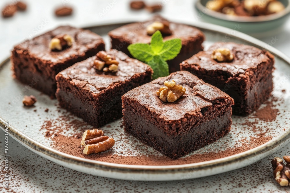 Delicious Chocolate Brownie Squares Topped with Walnuts and Mint on a Rustic Plate, Perfect for Dessert, Close Up Delicious Chocolate Brownie Squares Topped with Walnuts and Mint on a Rustic Plate, Perfect for Dessert, Close Up